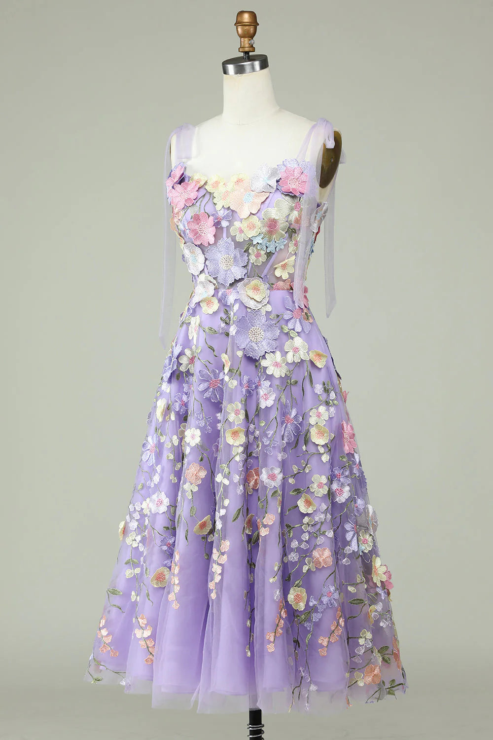 A Line Sweetheart Spaghetti Straps Blue/Purple Tea Length Prom Dress with 3D Flowers