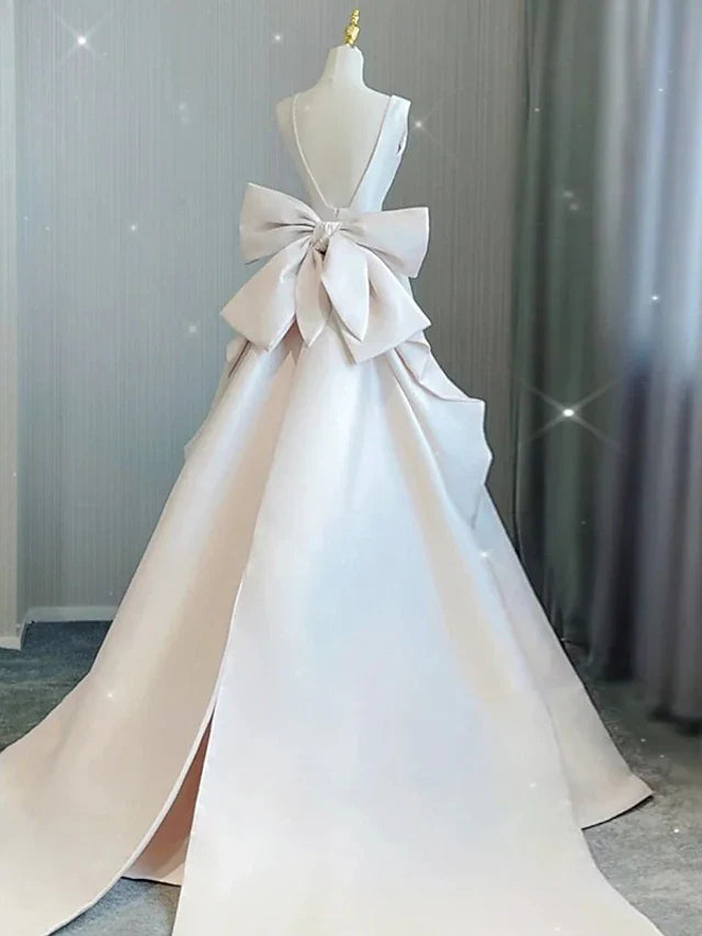Hall Casual Wedding Dresses Court Train A-Line Sleeveless V Neck Satin With Bow(s) Pleats 2023 Bridal