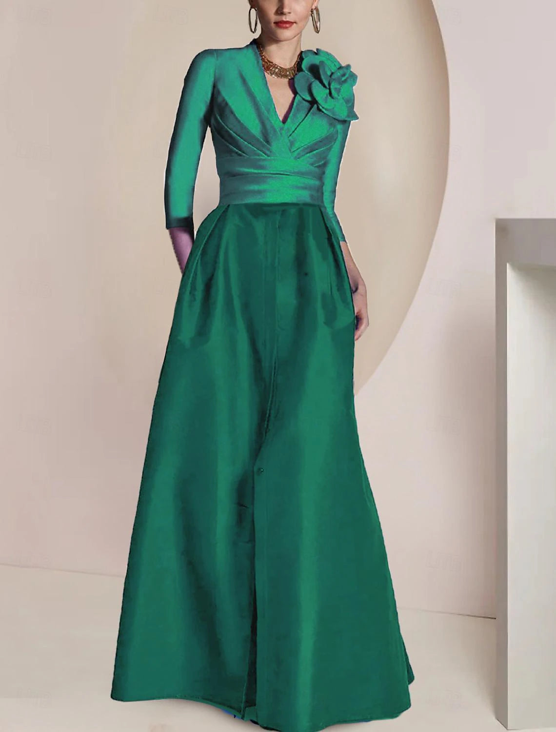 Column Mother of the Bride Dress Jewel Neck V Neck Floor Length Chiffon 3/4 Length Sleeve with Ruched Draping Split Front