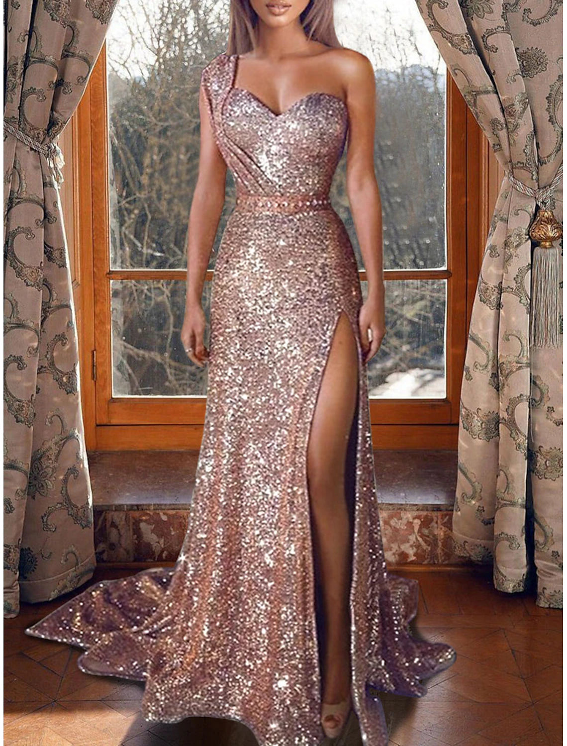 Sheath Mermaid Evening Dresses Sleek Glitter Sparking Sequins Evening Court Train Dress One Shoulder Sleeveless Party Dress  with Slit