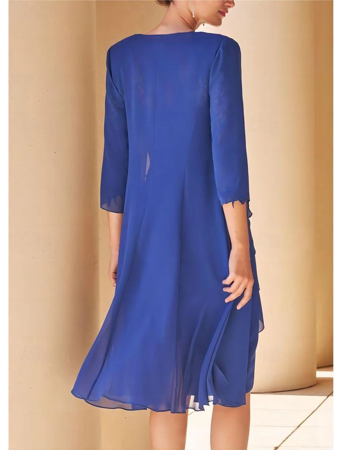 Sheath / Column Vintage Jewel Neck Tea Length Wedding Guest  Chiffon Lace Short Sleeve Jacket Dresses Mother of the Bride Dress with Lace Cascading Ruffles