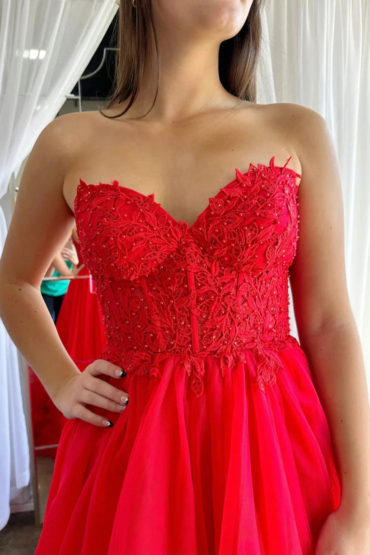 Red Tulle  Strpless Ball Gown Gown Prom Dresses with Appliques