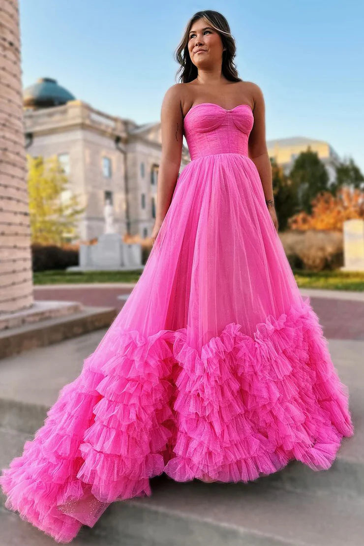 A Line Strapless Pink Tulle Tiered Prom Dress