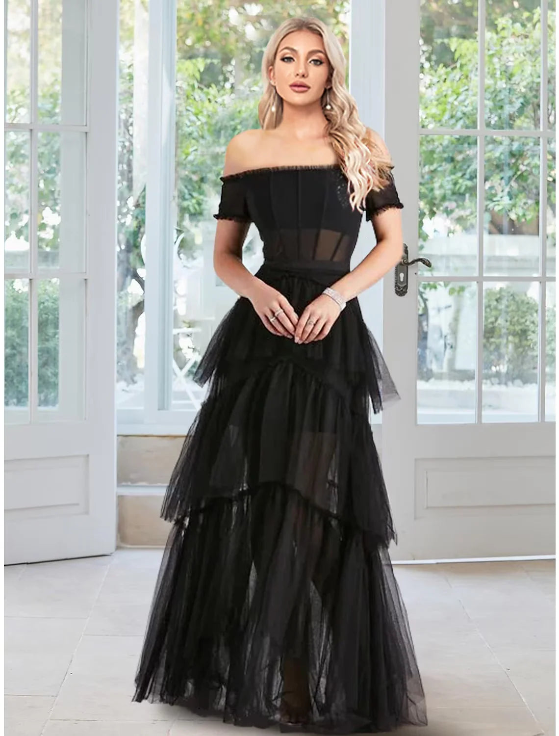 Ball Gown Prom Dresses Corsets Dress Masquerade Floor Length Sleeveless Off Shoulder Tulle Layers with Ruffles Pure Color