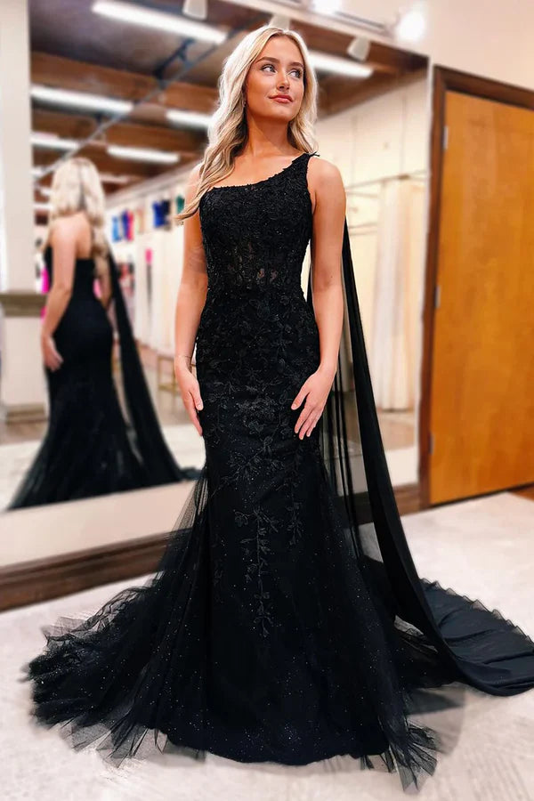Black One Shoulder Appliques Mermaid Long Prom Dresses Charming Evening Dress