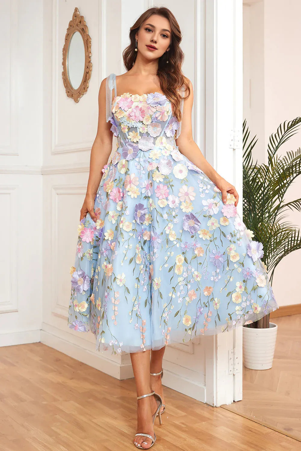 A Line Sweetheart Spaghetti Straps Blue/Purple Tea Length Prom Dress with 3D Flowers
