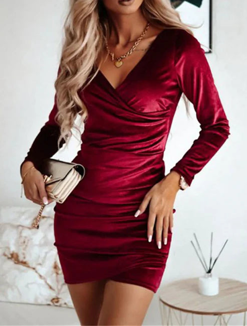 Women‘s Cocktail Party Dress Homecoming Dress Velvet Dress  Long Sleeve Pure Color Ruched Winter Fall Spring V Neck Fashion Winter Dress Date