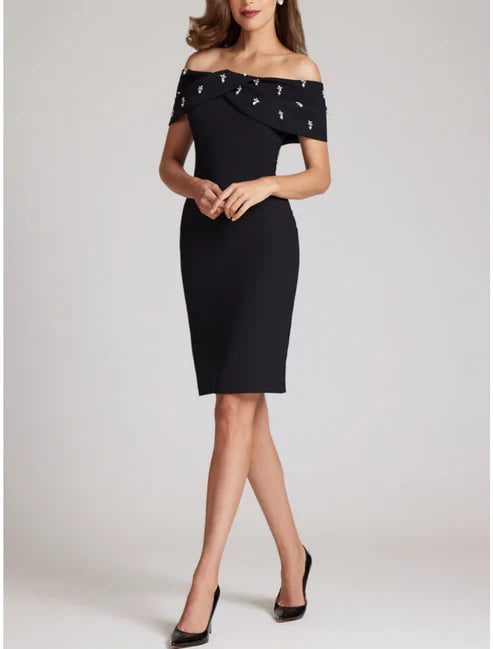 Sheath / Column Elegant Wedding Guest Dresses Elegant Dress Homecoming Knee Length Black Dress Short Sleeve Off Shoulder Stretch Fabric with Crystals