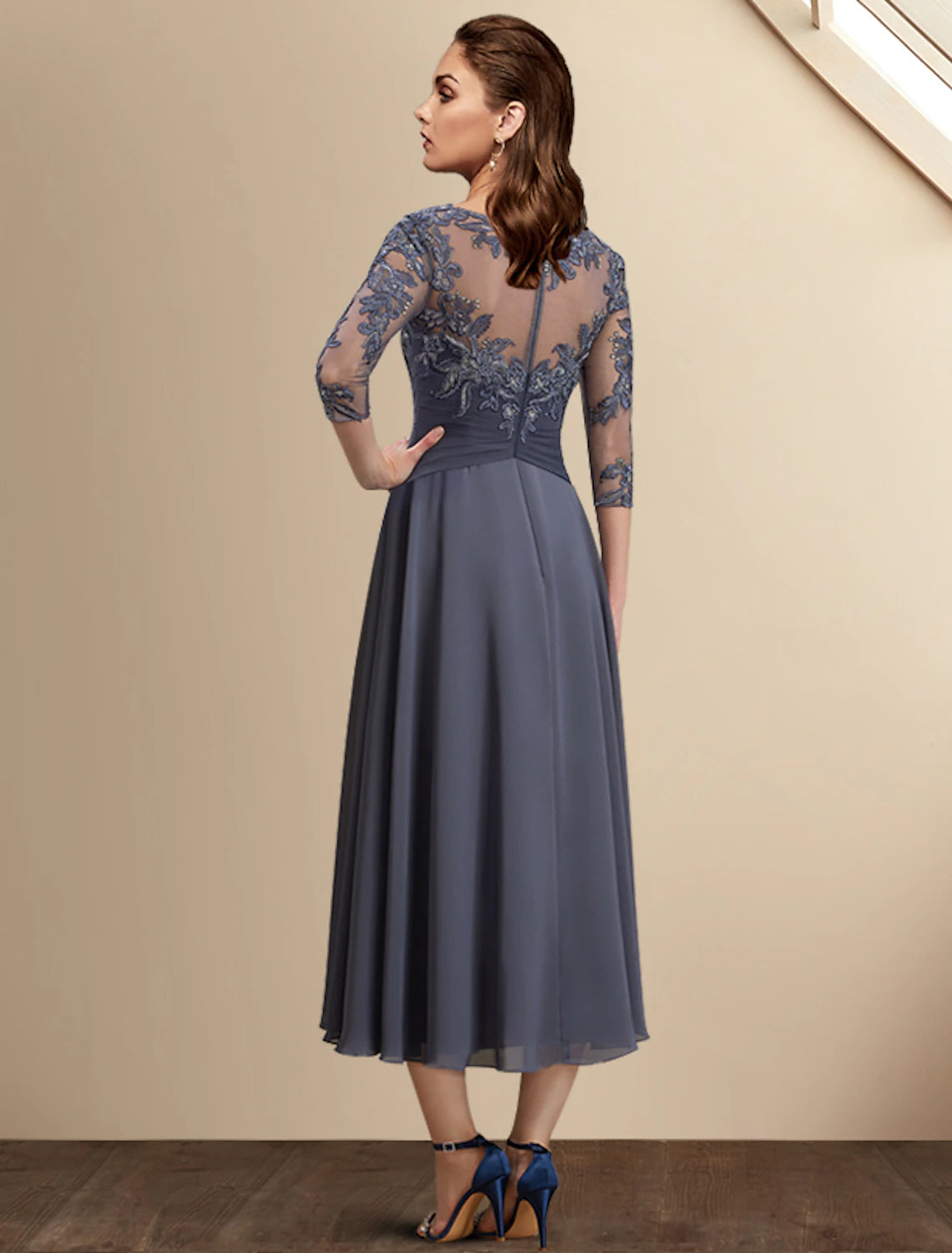 A-Line Mother of the Bride Dress Wedding Guest Elegant Plus Size High Low Jewel Neck Asymmetrical Tea Length Chiffon Lace 3/4 Length Sleeve with Sequin Appliques
