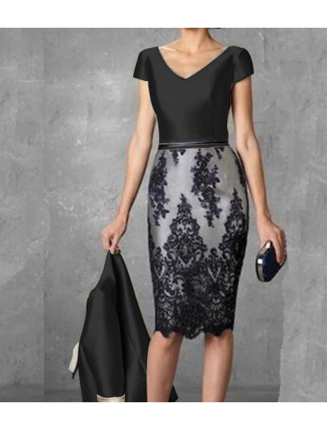 Mother of the Bride Dress Plus Size Sheath / Column  V Neck Knee Length Two Pieces Wedding Guest Party Dress Satin Lace 3/4 Length Sleeve Jacket Dresses