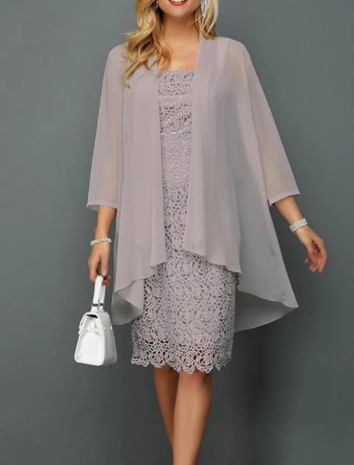 Plus Size Two Pieces Bateau Neck Wedding Guest Knee Length Chiffon Lace 3/4 Length Sleeve Jacket Dresses Mother of the Bride Dress with Appliques
