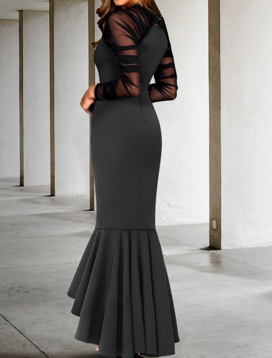 Sheath Mermaid Black Long Sleeve  Prom Dresses Asymmetrical Long Sleeve V Neck Stretch Fabric Formal Dress with Ruched Ruffles