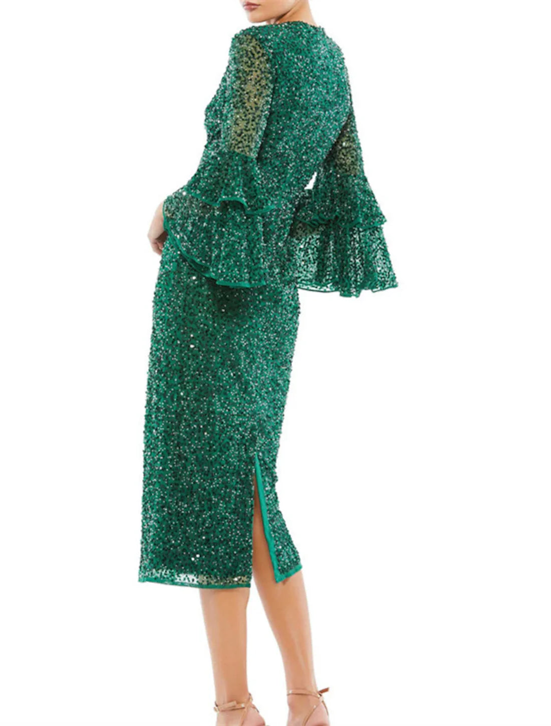 Sheath / Column Glittering Sparkle Cocktail Dresses Party Dress Party Wear Wedding Guest Tea Length 3/4 Length Sleeve Jewel Neck Sequined with Sequin Ruffles