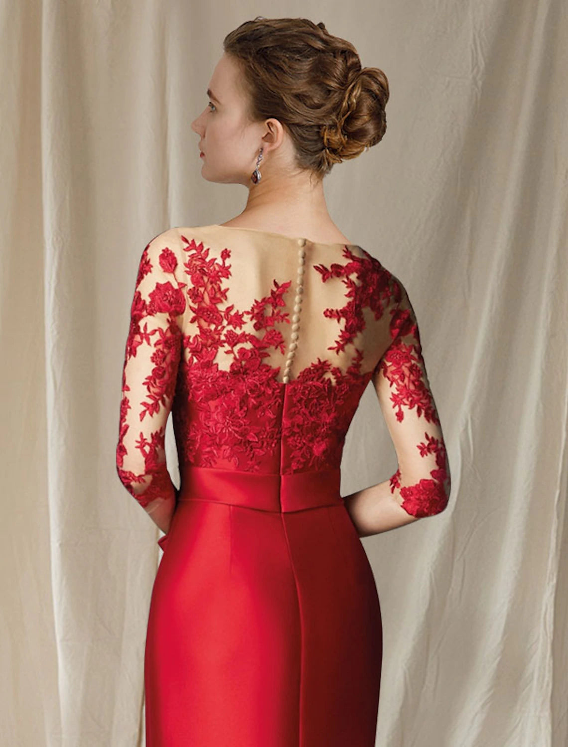 Mermaid / Trumpet Mother of the Bride Dress Elegant Plus Size Jewel Neck Floor Length Satin Lace Half Sleeve with Bow(s) Appliques