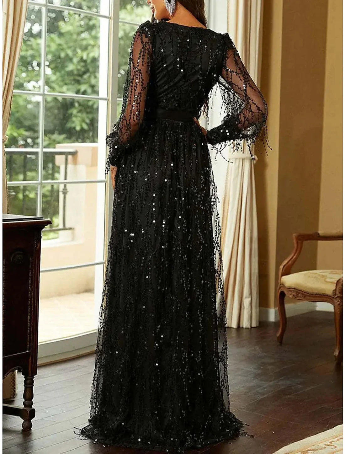 Gold Sequin Dress Prom Dress Party Dress Sparkly Dress Black Dress Black Homecoming Dress Long Dress Maxi Dress Long Sleeve Fall Winter Deep V Modern Winter Dress Fall Dress