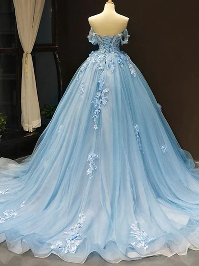 A Line Ball Gown Prom Dresses Floral Dress Quinceanera Court Train Short Sleeve Sweetheart Lace with Pleats Appliques