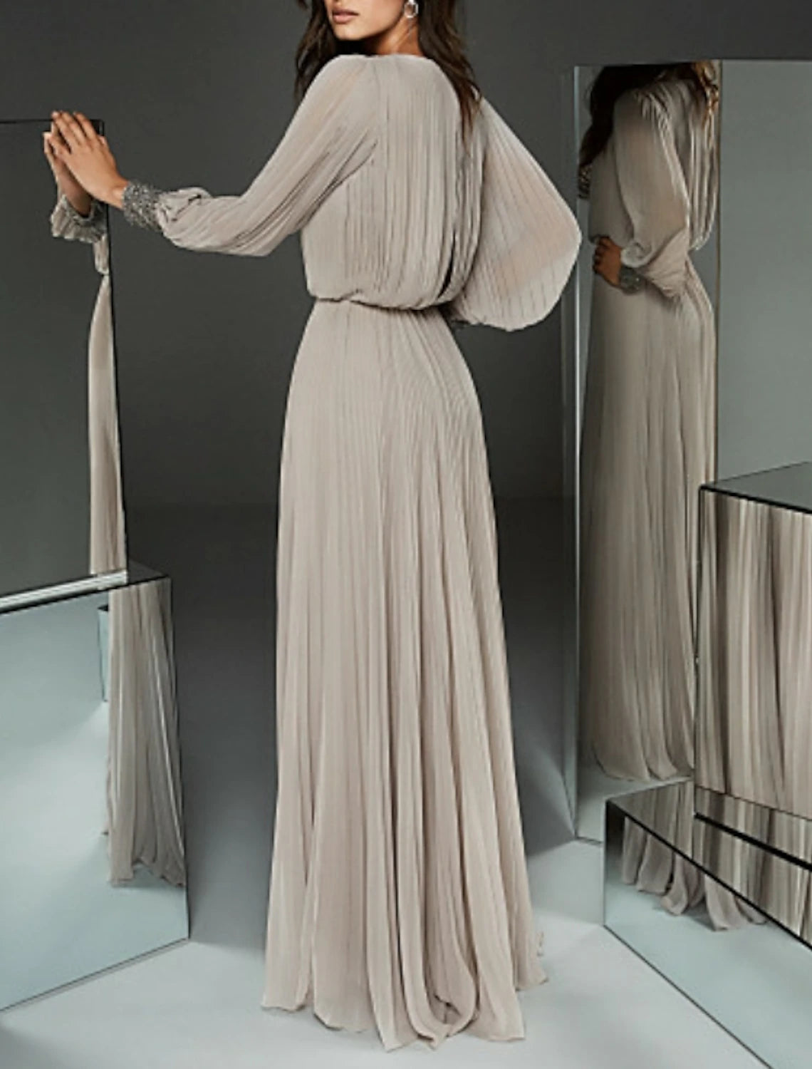 A-Line Jewel Neck Floor Length Party Dress Chiffon Long Sleeve Mother of the Bride Dress with Buttons Pleats Beading