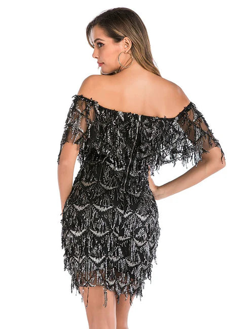 Sheath / Column Short Mini Party Dresses Flapper Dress Party Wear Valentine's Day Short Sleeve Off Shoulder Sequined Backless with Sequin Tiered