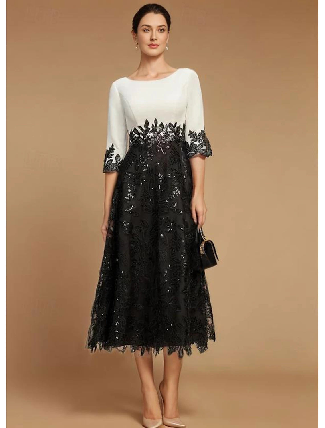 Tea Length Lace Half Sleeve Wedding Guest Party Dress Vintage Jewel Neck Lace Mother of the Bride Dress