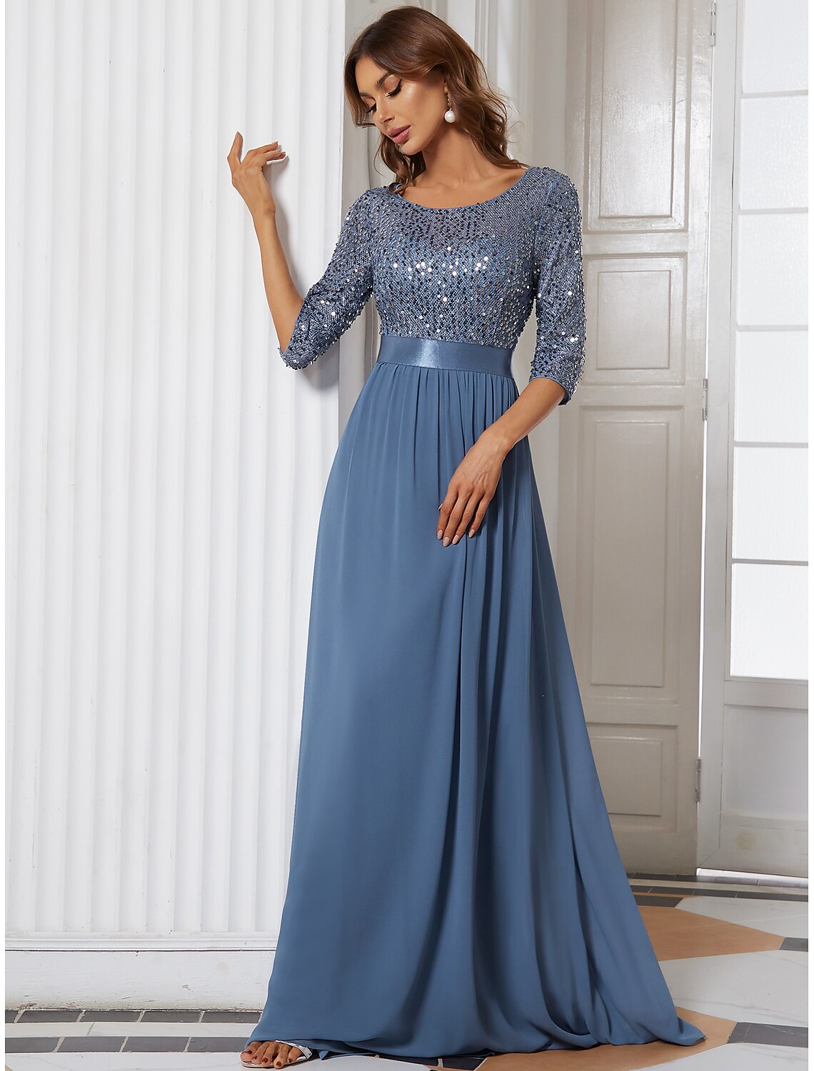 Plus Size Jewel Neck Floor Length Wedding Guest Dress Tulle Sequined 3/4 Length Sleeve Mother of the Bride Dress