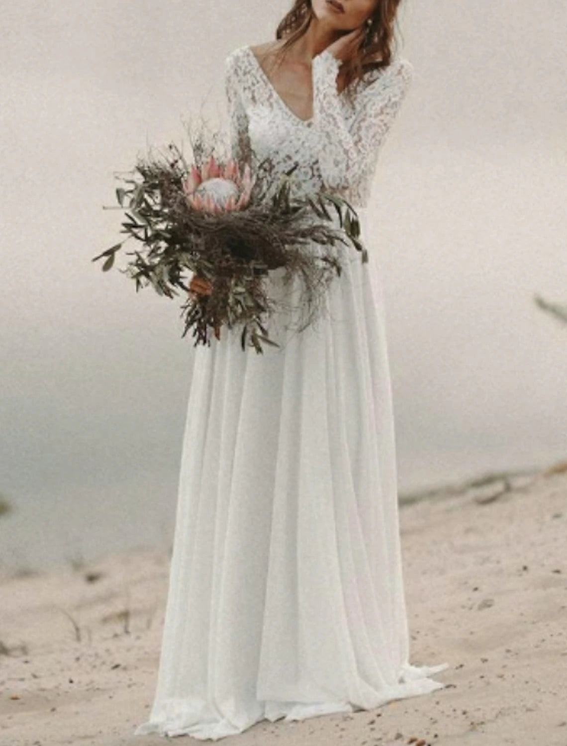 Beach Boho Wedding Dresses A-Line V Neck Long Sleeve Sweep / Brush Train Chiffon Bridal Gowns With