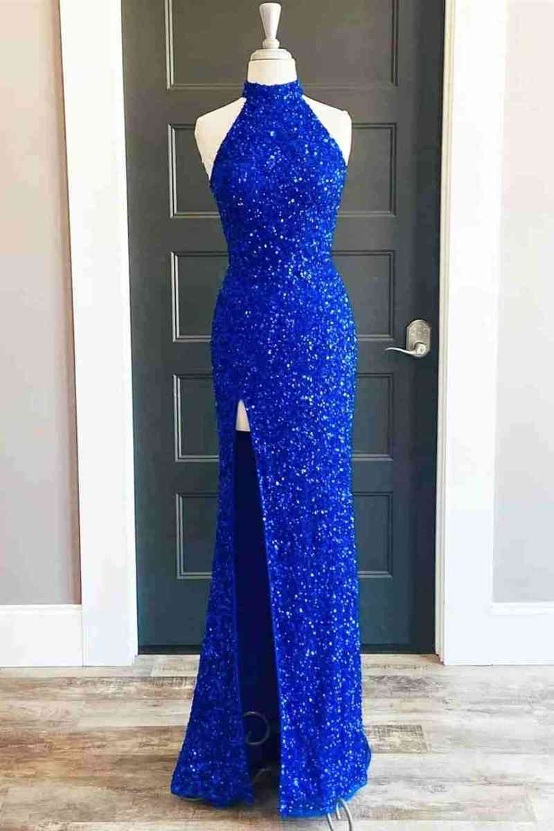 Sweep/Brush Train Dresses Shine Sequins High Neck Royal Blue Long Party Dress with Slit