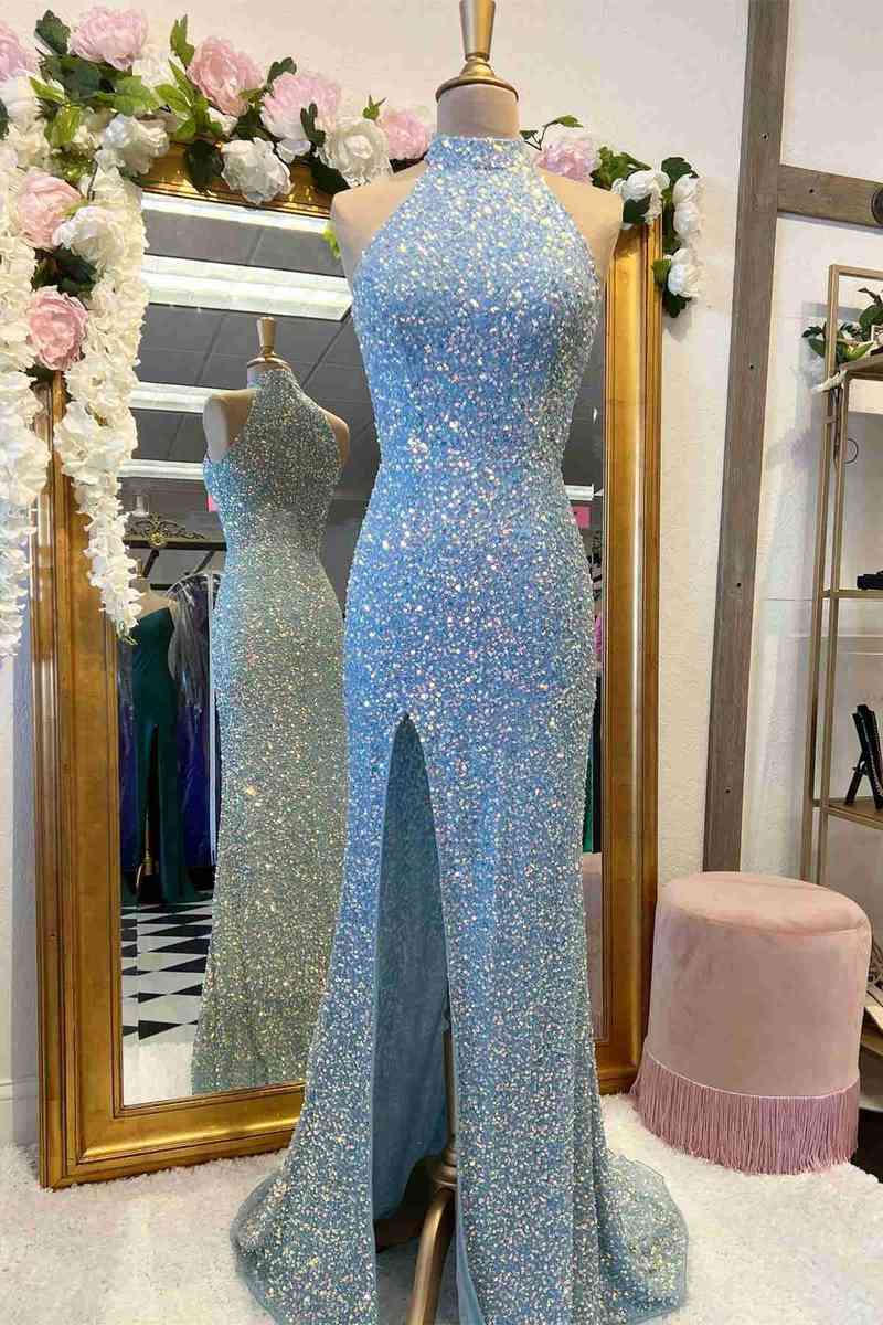 Sweep/Brush Train Dresses Shine Sequins High Neck Royal Blue Long Party Dress with Slit
