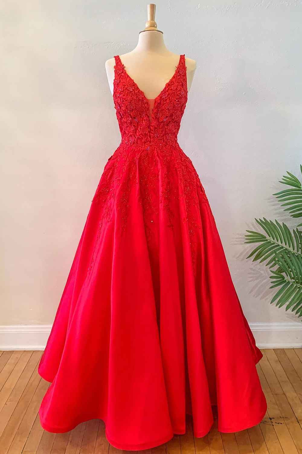 A-Line Red Floral Ball Gown Satin Long Formal Dress Floor Length V Neck Prom Dress