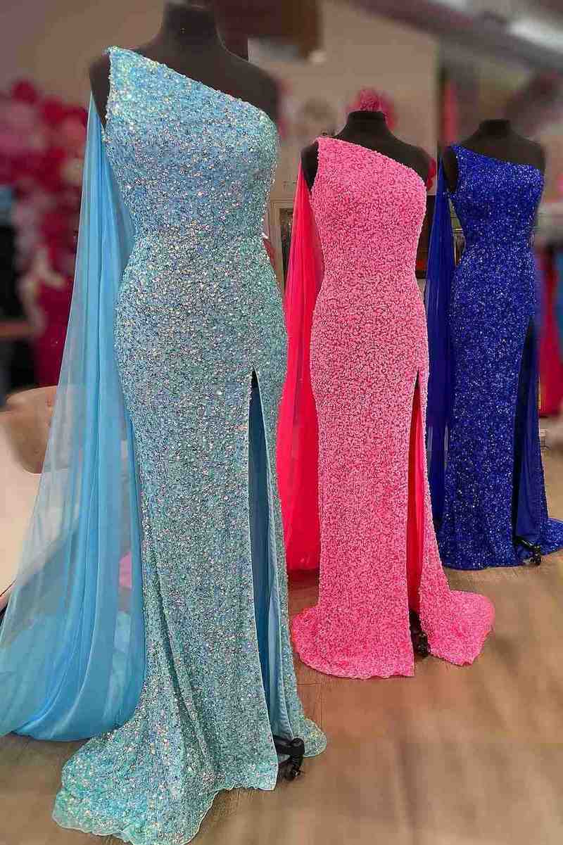 Sweep/Brush Train Dresses One-Shoulder Long Formal Dress with Shoulder Cape Sequins Prom Dress