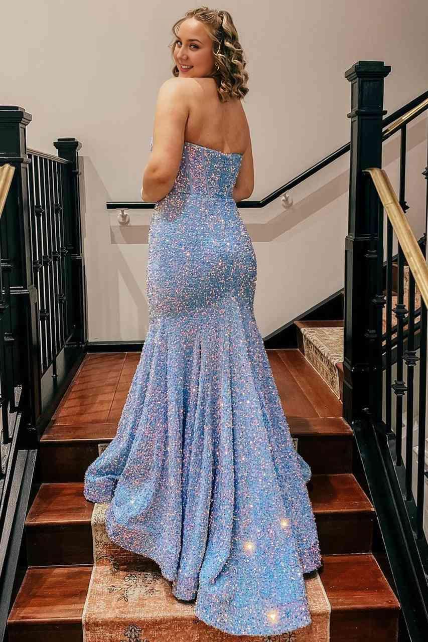 Sheath Mermaid Light Blue  Sweep/Brush Train Dresses Sparking Sequin Long Prom Dress