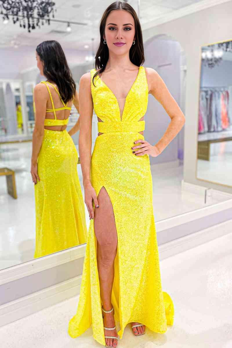 Sweep/Brush Train Dresses Cutout Yellow Shine Sparking Sequins V-Neck Long Prom Dress with Slit