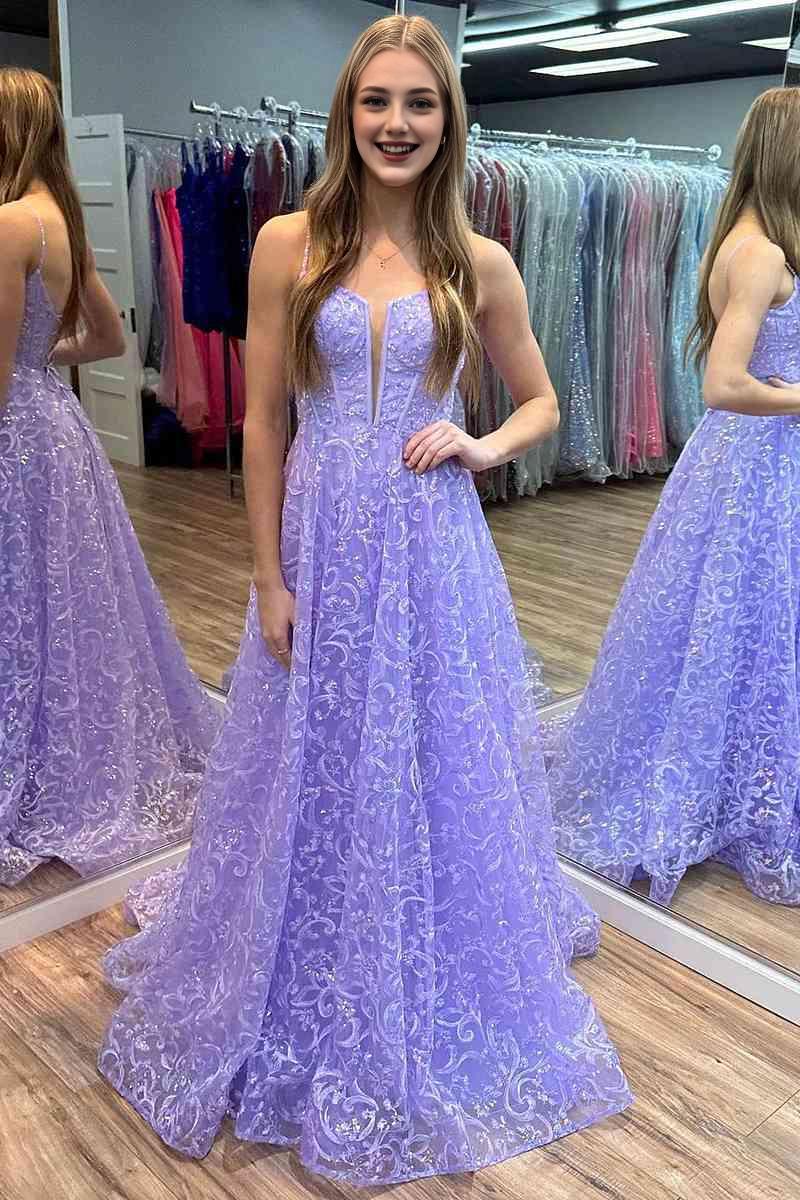 Sweep/Brush Train Dresses Lavender Spaghetti Straps  Embroidery Long Prom Dress