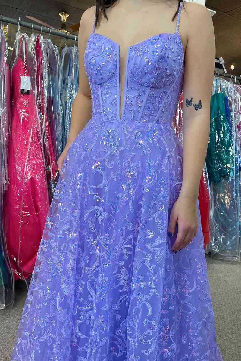 Sweep/Brush Train Dresses Lavender Spaghetti Straps  Embroidery Long Prom Dress