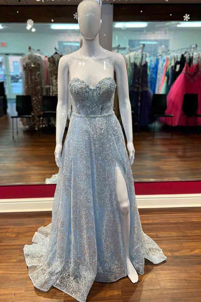 Sweep/Brush Train Dresses Light Blue Glitters A-line Long Formal Dress with Puff Sleeves