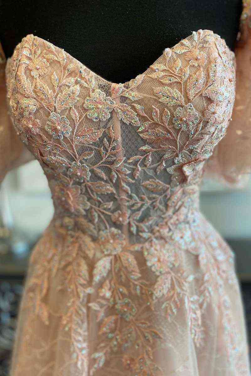 A-line Off The Shoulder V Neck Floor Length Tulle Applique Lace-Up Back Long Prom Dress