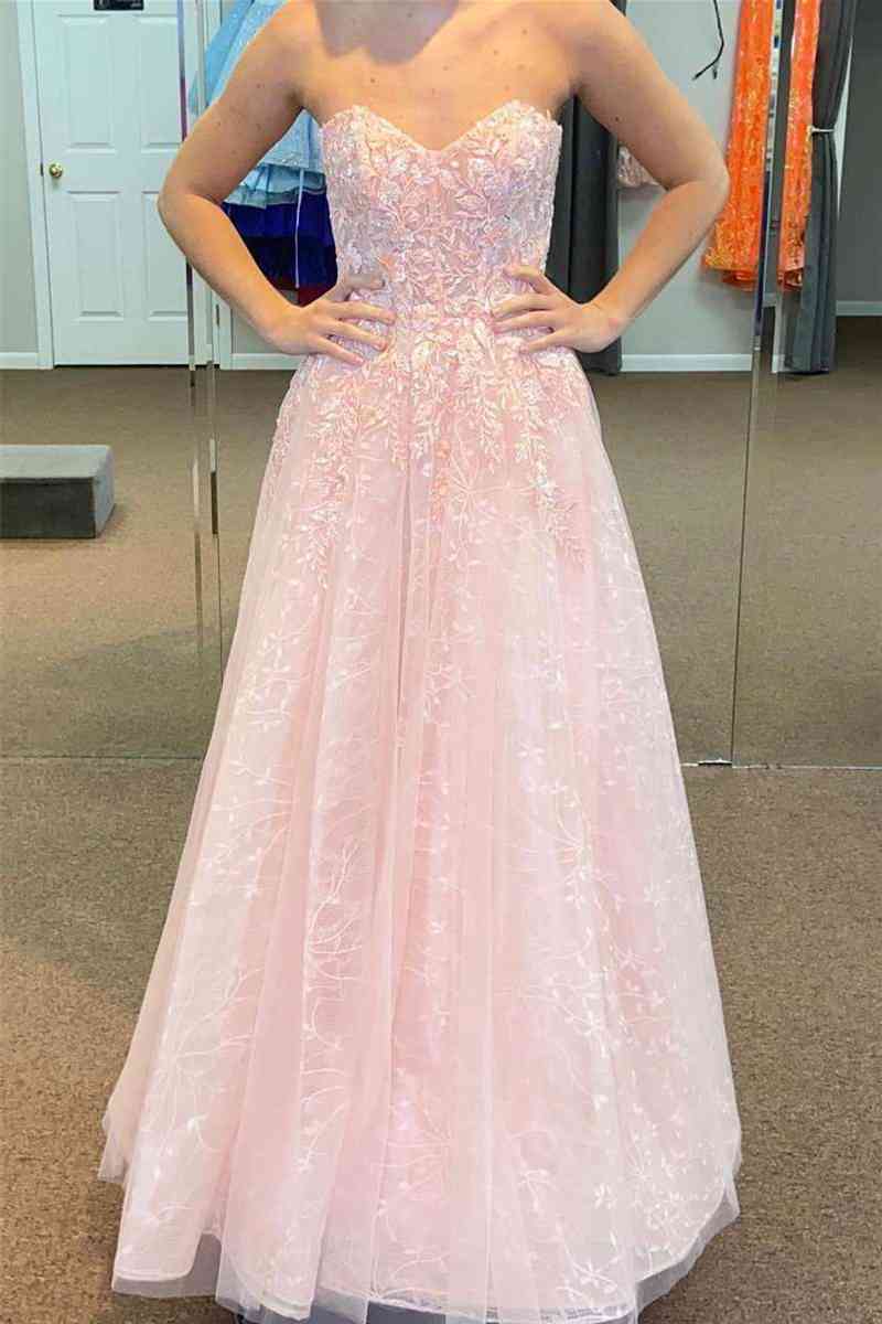 A-line Off The Shoulder V Neck Floor Length Tulle Applique Lace-Up Back Long Prom Dress