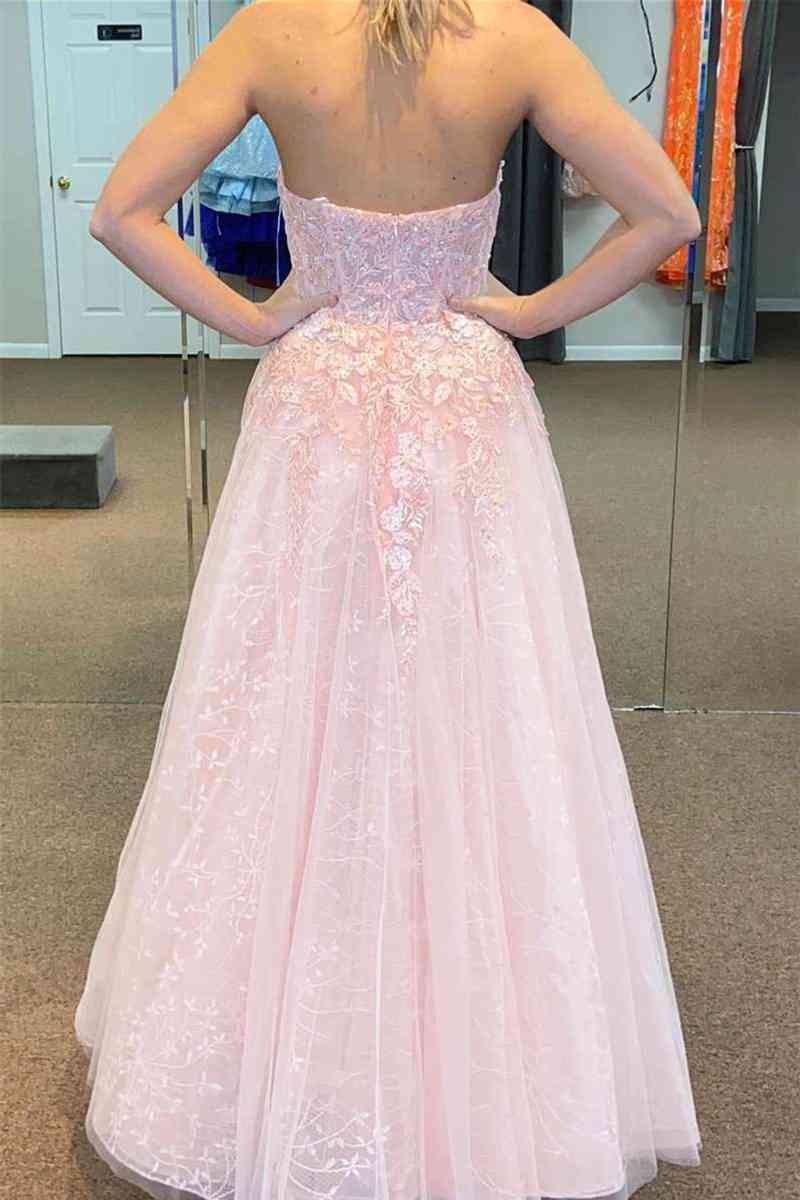 A-line Off The Shoulder V Neck Floor Length Tulle Applique Lace-Up Back Long Prom Dress