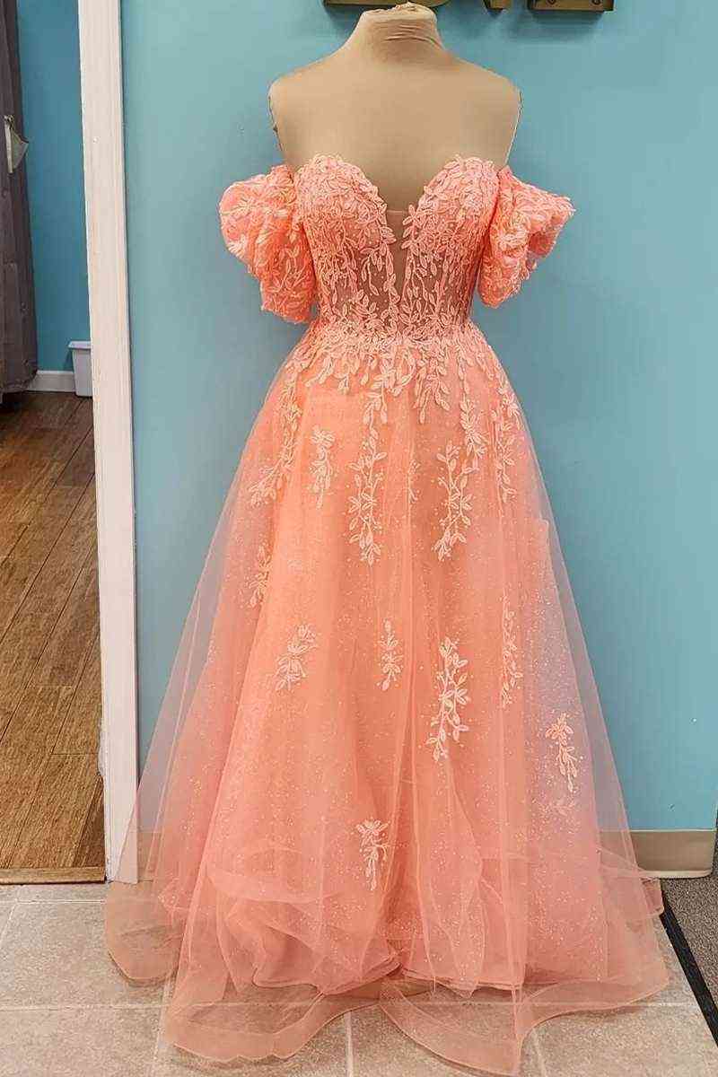 A-line Off the Shoulder V Neck Tulle Applique Lace-Up Back Long Prom Dress