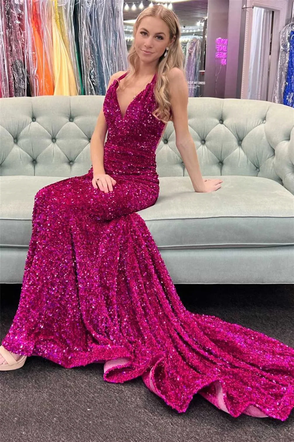 Sheath Mermaid V Neck Crossed Back Glitter Sparking Sequins Sweeping Long Prom Dress