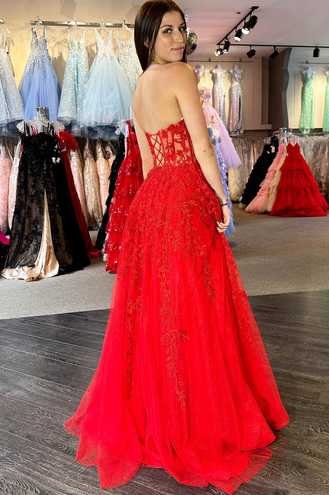 A-Line Sweetheart Red Royal Blue Lavender Lace Corset Long Prom Dress With Appliques