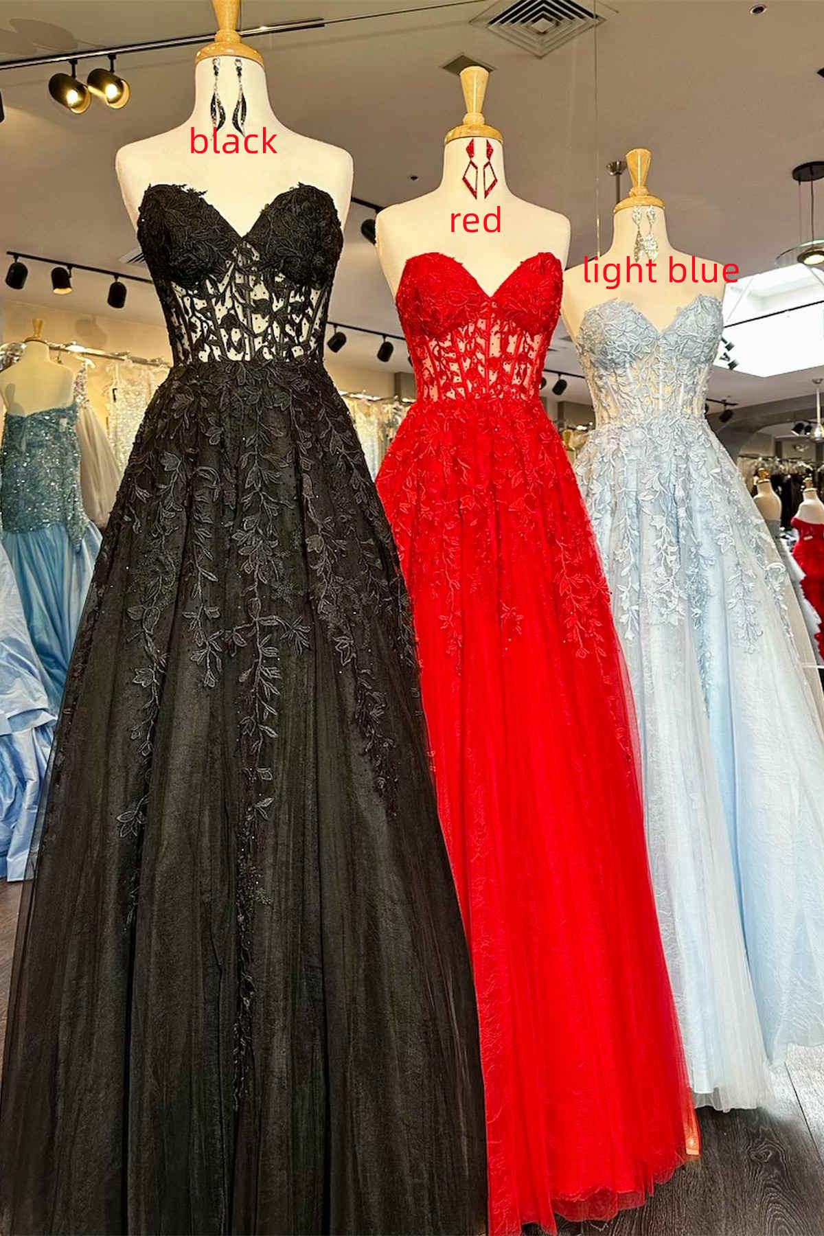 A-Line Sweetheart Red Royal Blue Lavender Lace Corset Long Prom Dress With Appliques