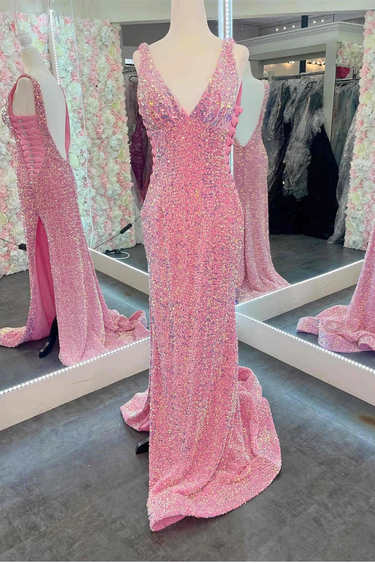 Sweep/Brush Train Dresses V-Neck Pink Sequin Long Prom Dress with Slit