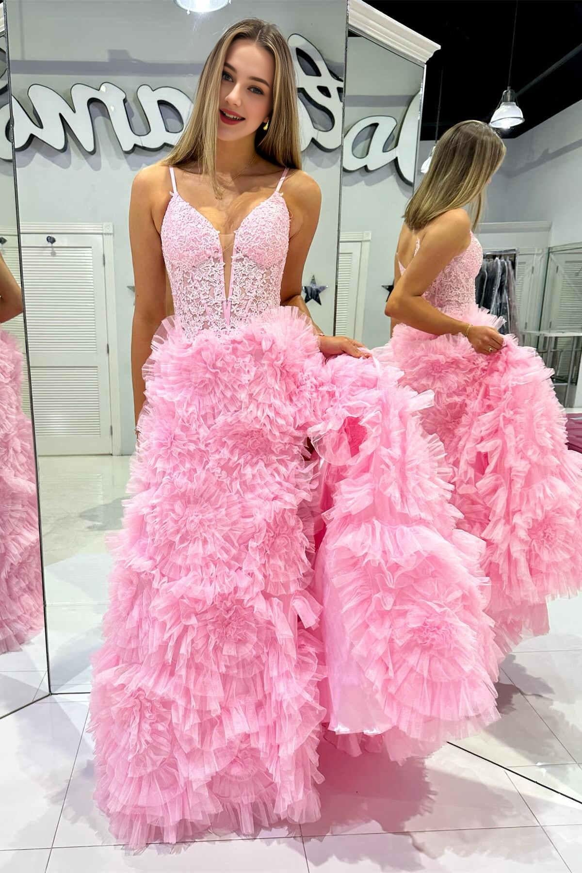 Princess  Spaghetti Straps V Neck Floor Length Ruffled Long Prom Dress with Appliques