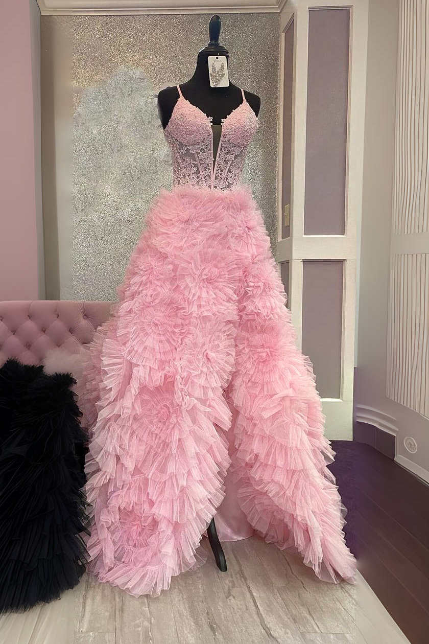 Princess  Spaghetti Straps V Neck Floor Length Ruffled Long Prom Dress with Appliques