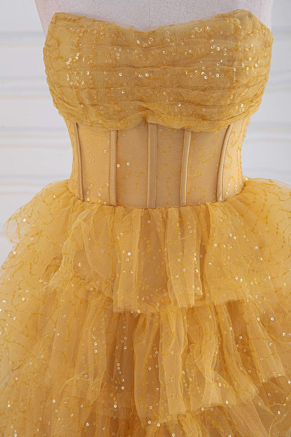 Gold Tiered Sweep/Brush Train Dresses Strapless Layered Long Prom Dress With Sequin Ruffle Beautiful