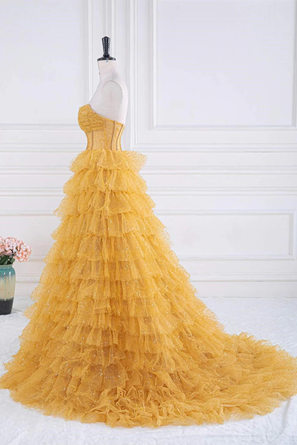 Gold Tiered Sweep/Brush Train Dresses Strapless Layered Long Prom Dress With Sequin Ruffle Beautiful