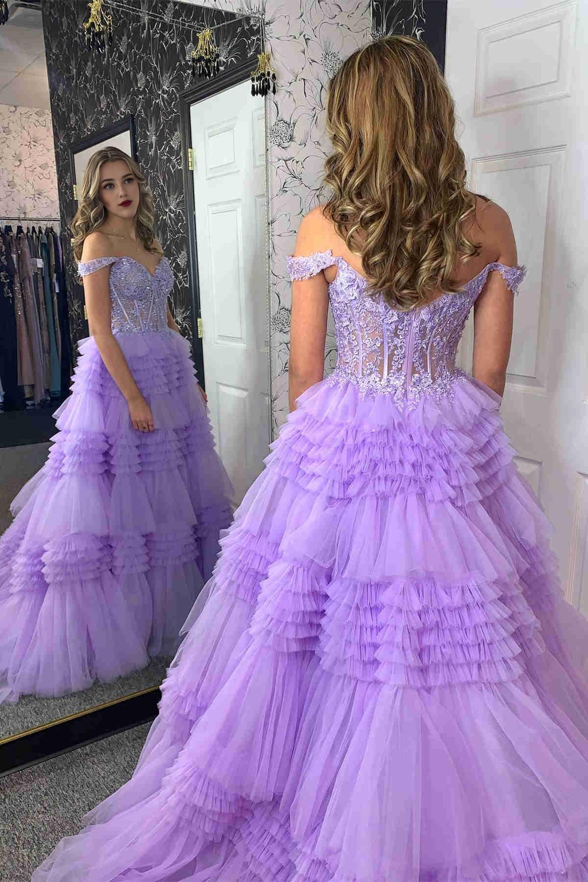 Sheath Tiered Lavender Off the Shoulder  Sweep/Brush Train Dresses Lace Corset Prom Dress With Ruffle Beautiful