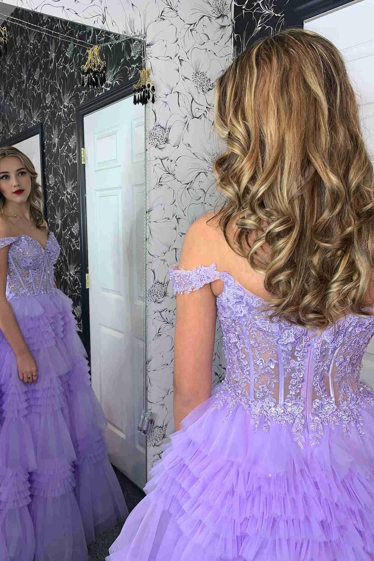 Sheath Tiered Lavender Off the Shoulder  Sweep/Brush Train Dresses Lace Corset Prom Dress With Ruffle Beautiful