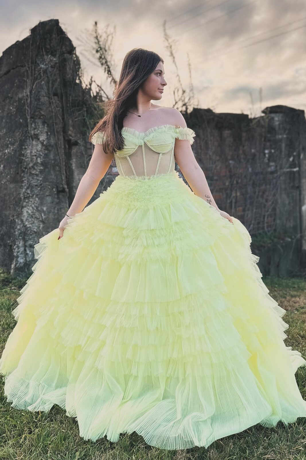 Yellow Tiered Ball Gown Off the Shoulder Ruffle Layered Prom Dress With Corset Beautiful