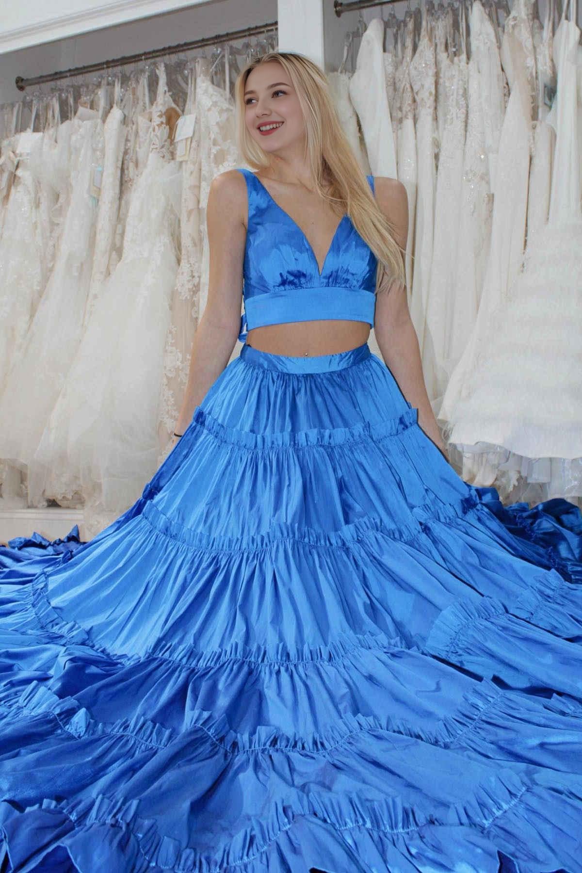 A-Line Sleeveless Two Pieces V Neck Ruffle Long Prom Dress Charming Evening Party Dress